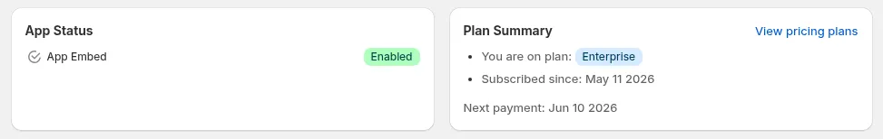 App overview: App Status shows App Embed Enabled, next to Plan Summary