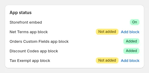 App status card on the app home page: Storefront embed On