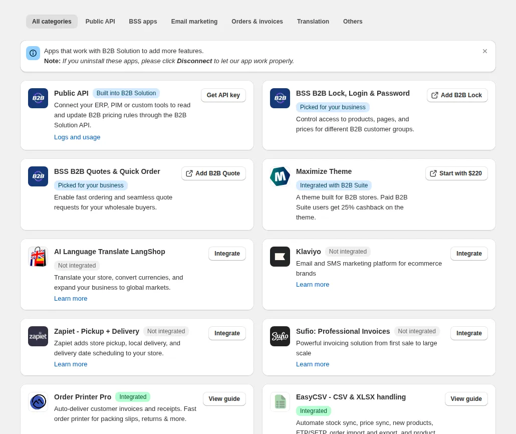 Integrations page with the Public API card and its Get API key button