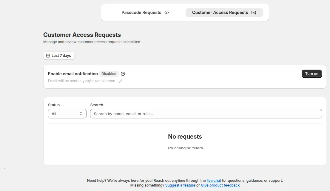 Access Management, Customer Access Requests: email notification, Status filter and search