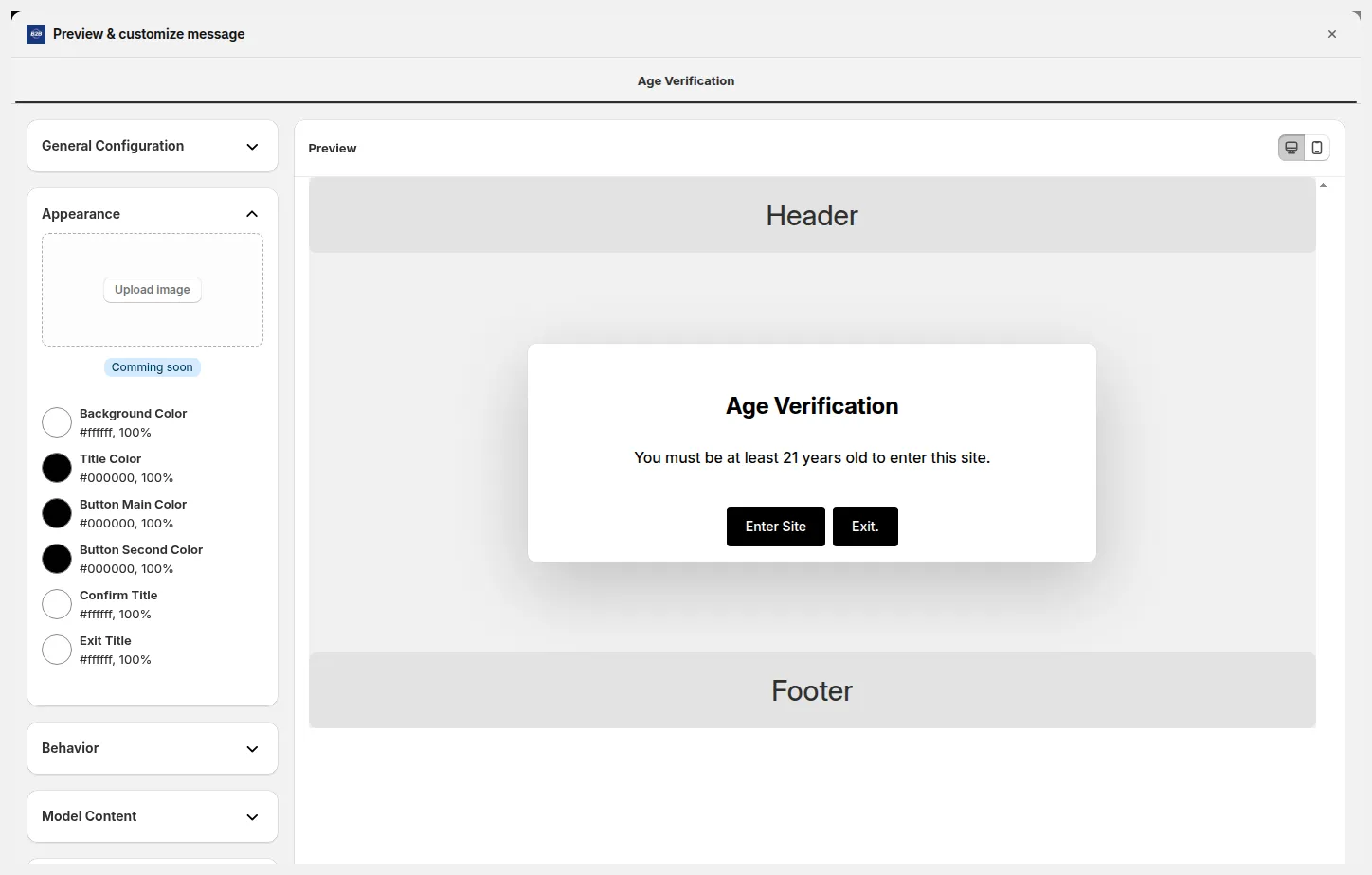 Figure 4: Appearance section: customize the colors of the popup, its text and its buttons. Behavior section: choose the page the Exit button sends visitors to.