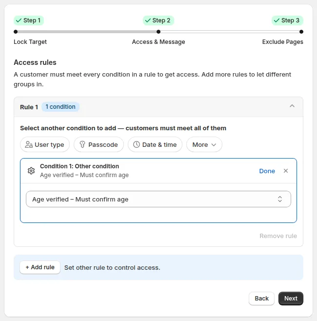Figure 2: Step 2 – Access & Message: Condition 1: Other condition with the Select access rule dropdown open, showing URL parameter, Secret link, Age verified – Must confirm age, and Custom code (Liquid).