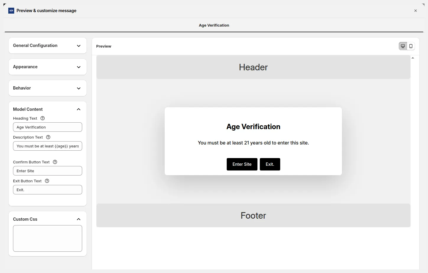 Figure 5: Model Content section: customize the text shown in the popup.