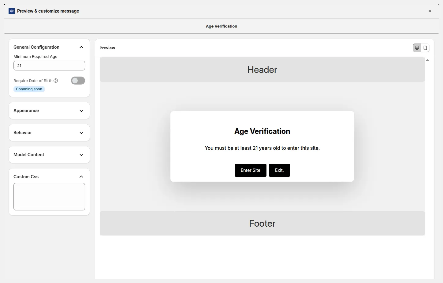 Figure 3: General Configuration: set Minimum Required Age (shown as 21). The live Preview shows the popup with the age inserted in the description. 'Require Date of Birth' is labeled Coming Soon.
