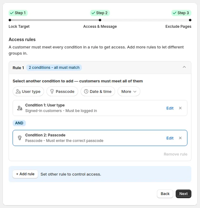Rule 2 with two conditions joined by an AND pill, the badge 2 conditions - all must match, and the Summary showing Rule 1: Signed-in customer and Rule 2: Passcode + URL parameter