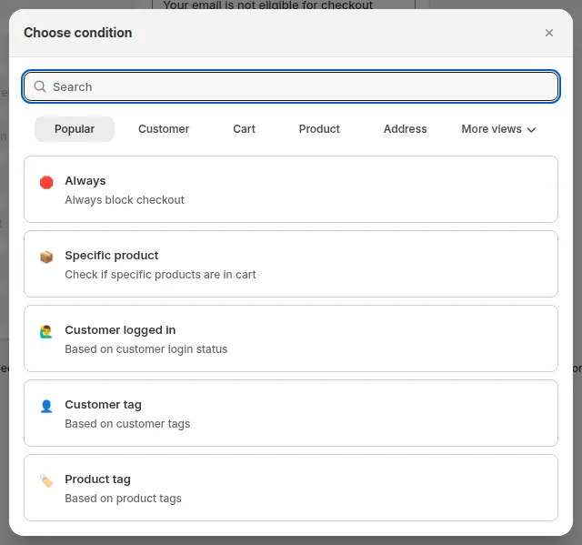 Choose condition modal with the Popular, Customer, Cart, Product and Address tabs
