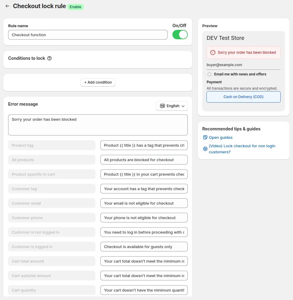 Checkout lock rule editor: Rule name, Conditions to lock, Error message and the checkout preview