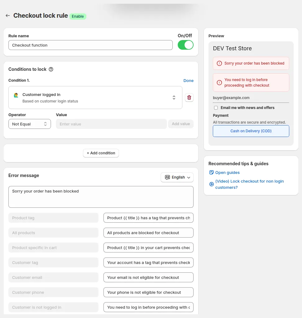 Checkout lock rule with Customer logged in set to Not Equal; the preview shows “You need to log in before proceeding with checkout”
