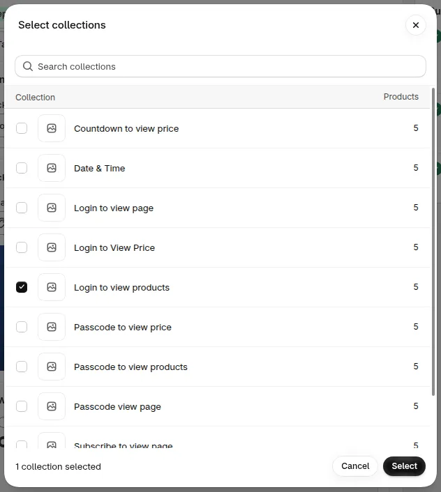Select collections picker with one collection ticked, Cancel and Select
