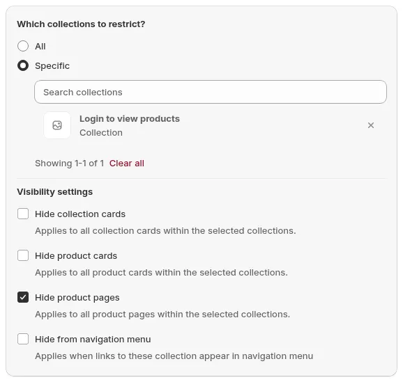 Collections target set to Specific, with the selected collection listed and the Visibility settings