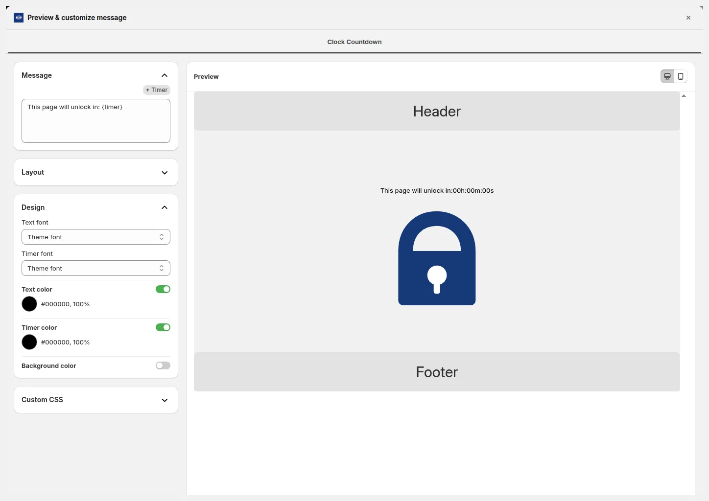 Figure 4: Design section: choose the fonts and colors you want for the message text and the timer.