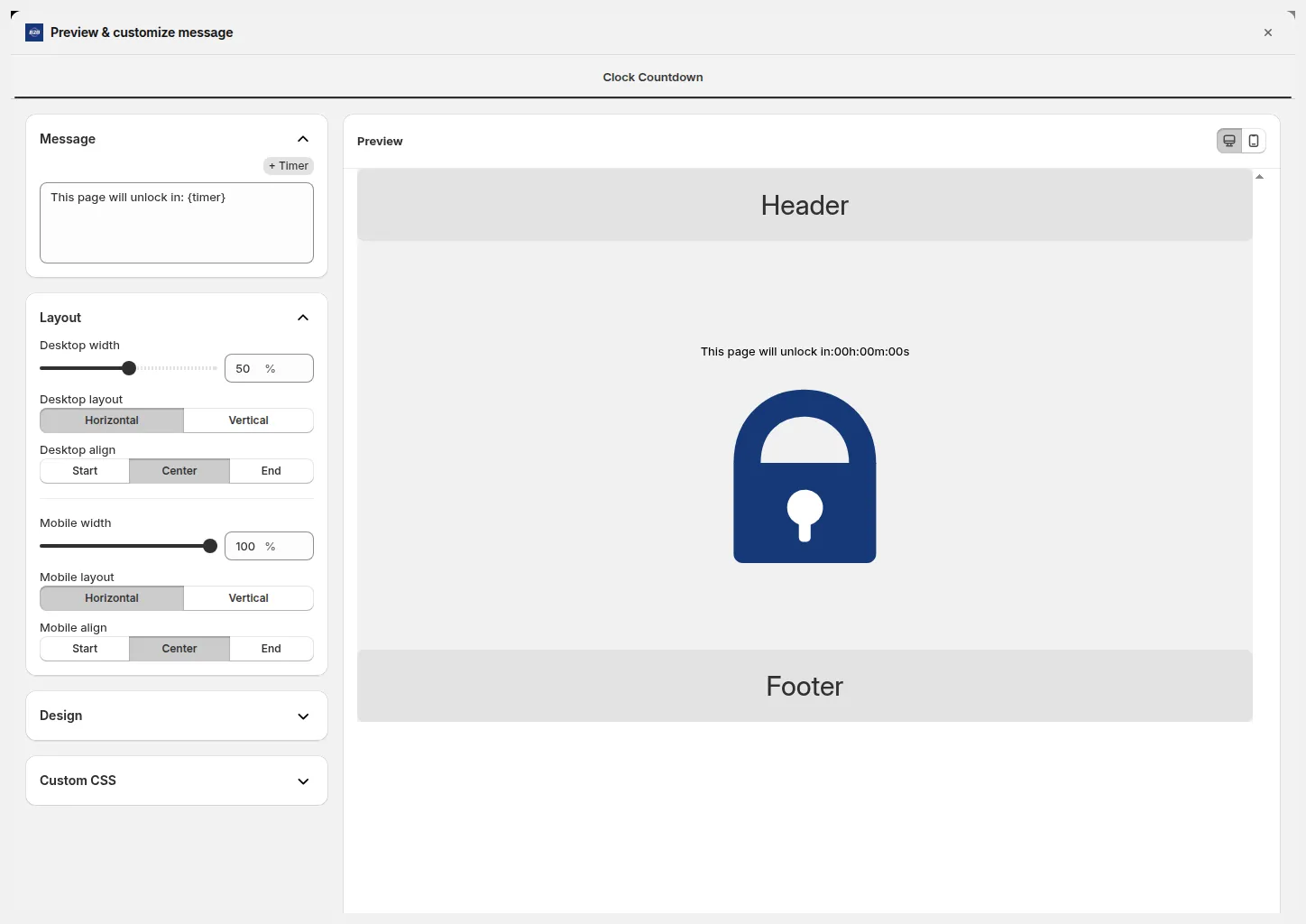 Figure 3: Layout section: adjust the width, layout and alignment of the countdown separately for desktop and mobile. The Preview updates in real time.