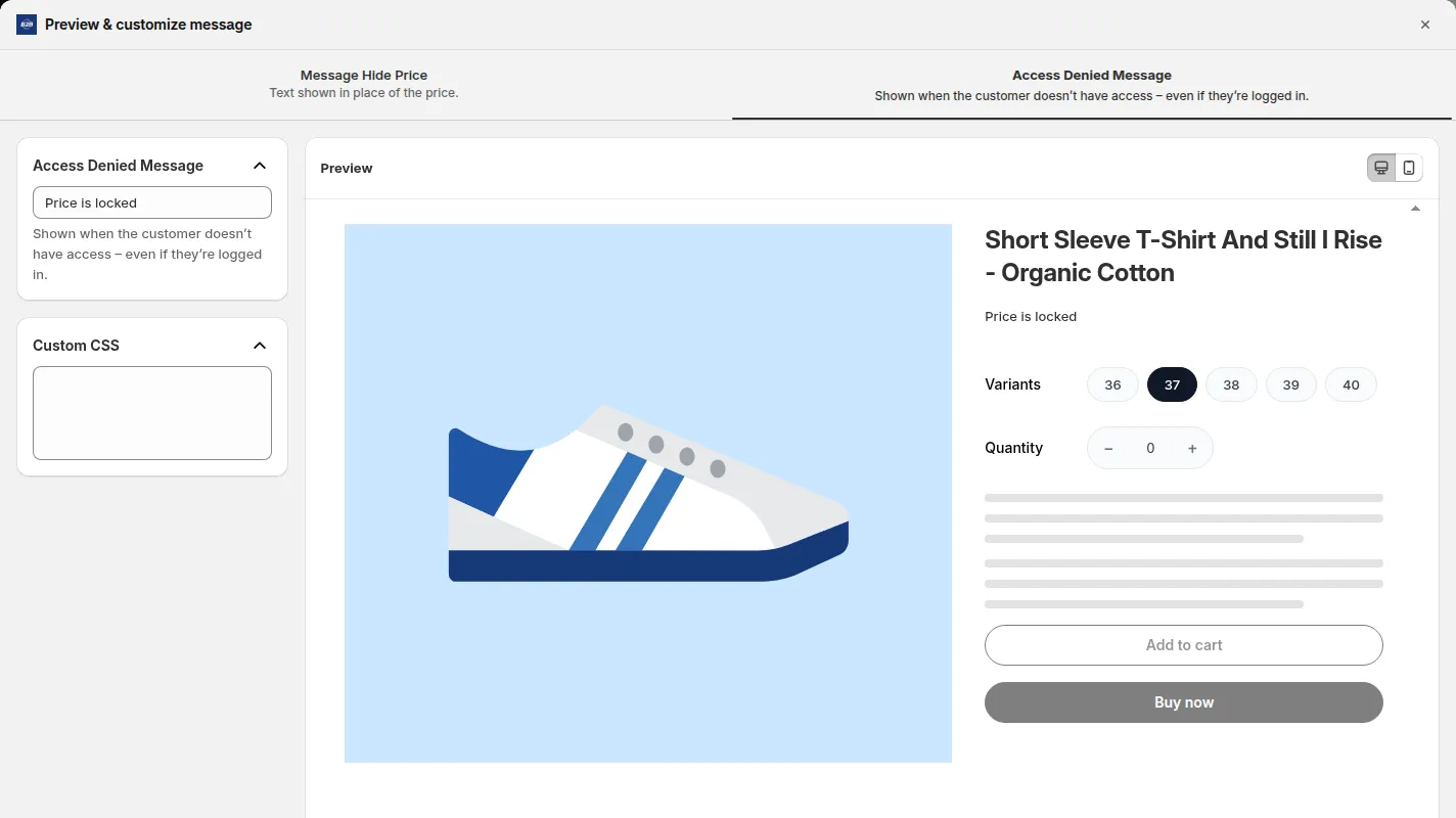 Preview & customize message modal with the Access Denied Message text content, Edit with editor link, Custom CSS field and a desktop preview