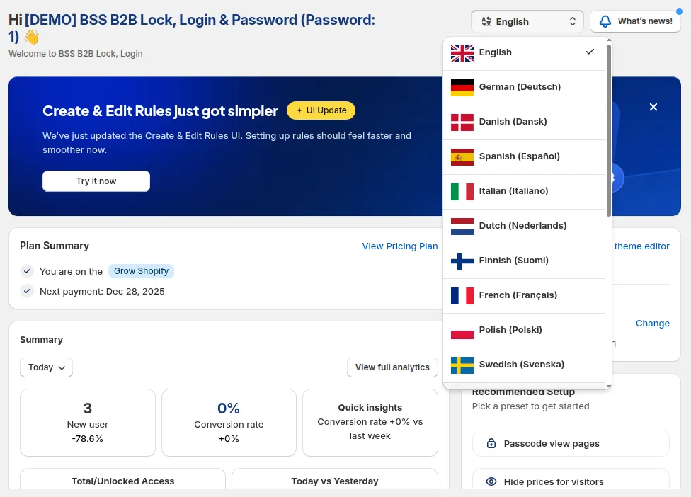 The language selector open in the top-right corner of the dashboard