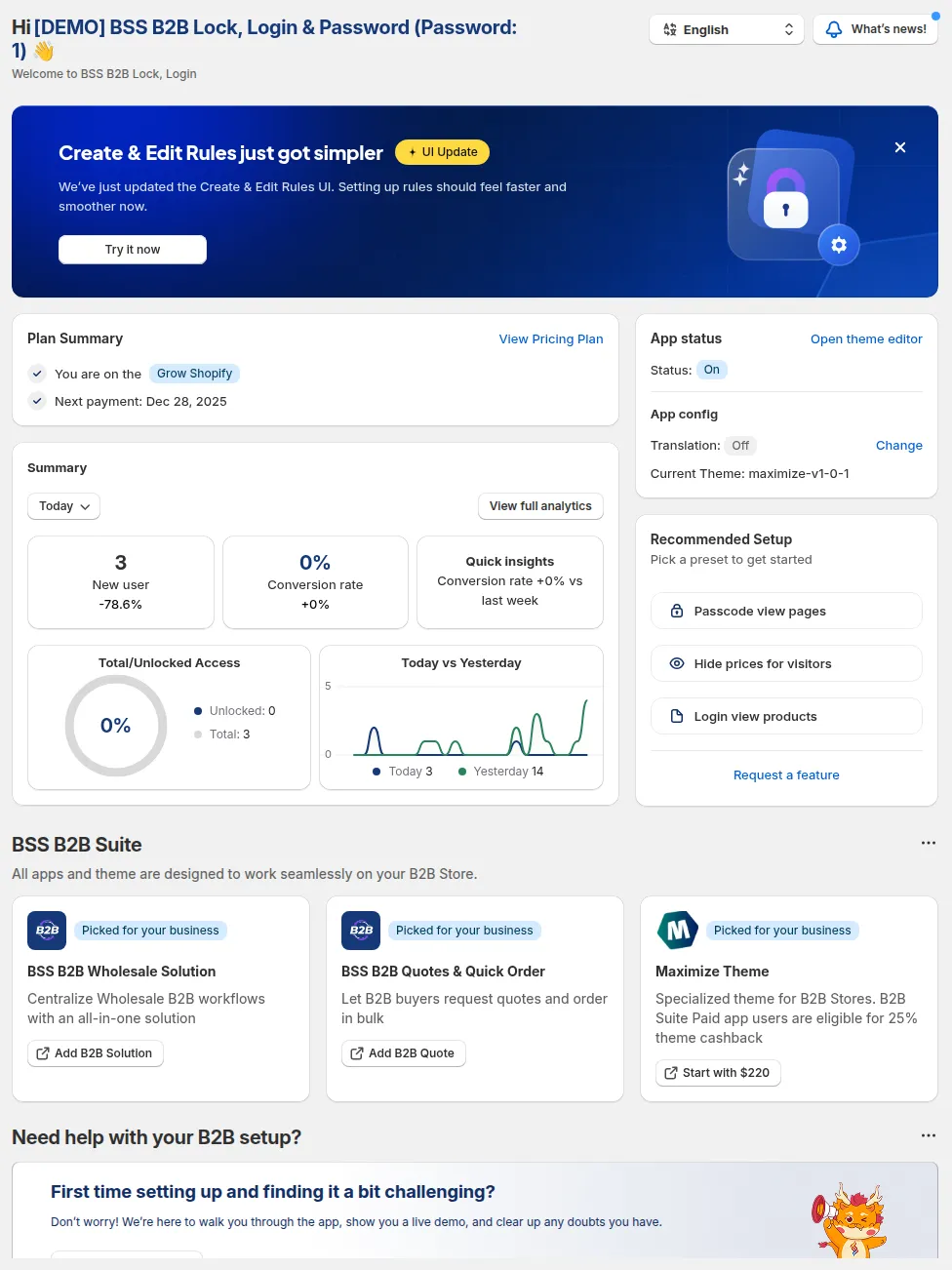 The BSS B2B Lock dashboard: Plan Summary, App status, Summary, Recommended Setup and BSS B2B Suite
