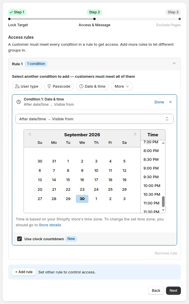 Figure 1: Date & time condition with After date/time → Visible from selected, the Use clock countdown checkbox ticked below the calendar, and the Preview card showing Clock countdown with the live timer