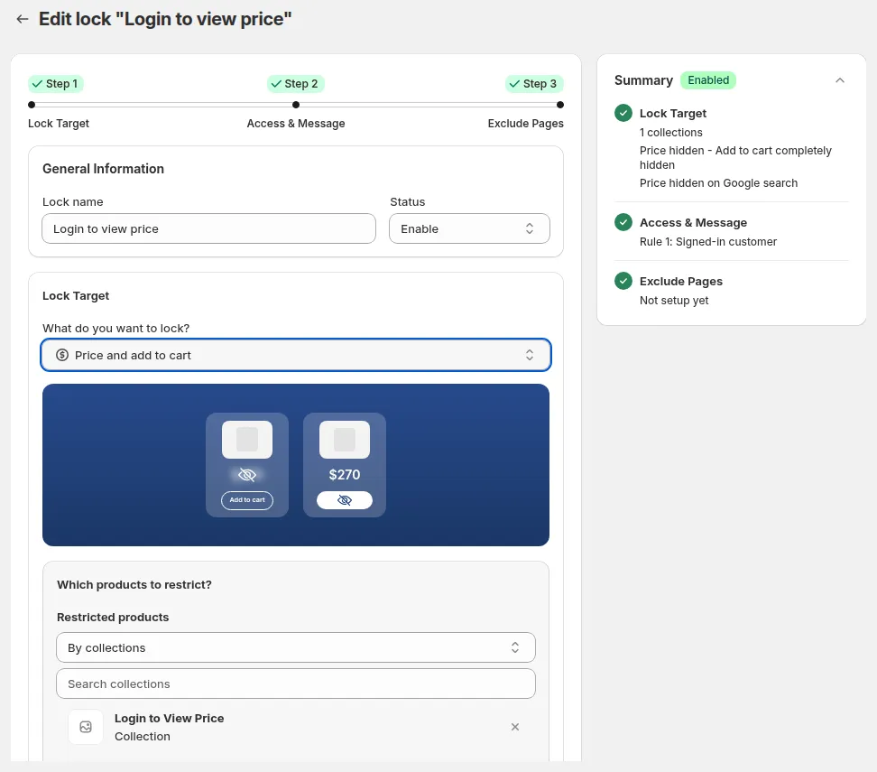 Lock editor, Step 1 Lock Target: the stepper, General Information (Lock name, Status), What do you want to lock? and the Summary card