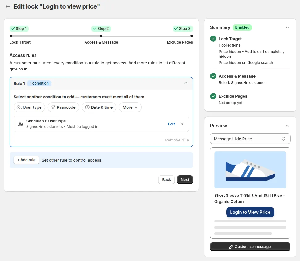 Step 2 Access & Message: Rule 1 set to Signed-in customers, the Summary card and the Preview card