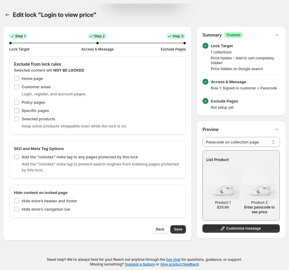 Step 3 Exclude Pages: Exclude from lock rules, SEO and Meta Tag Options, Hide content on locked page, the Summary card and the Save button
