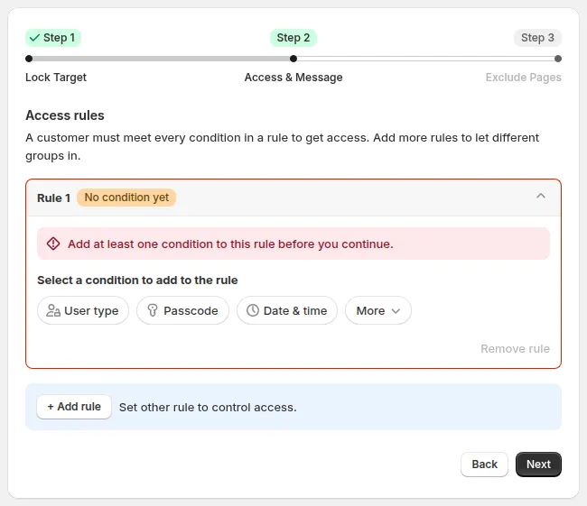 Validation error: Add at least one condition to this rule before you continue