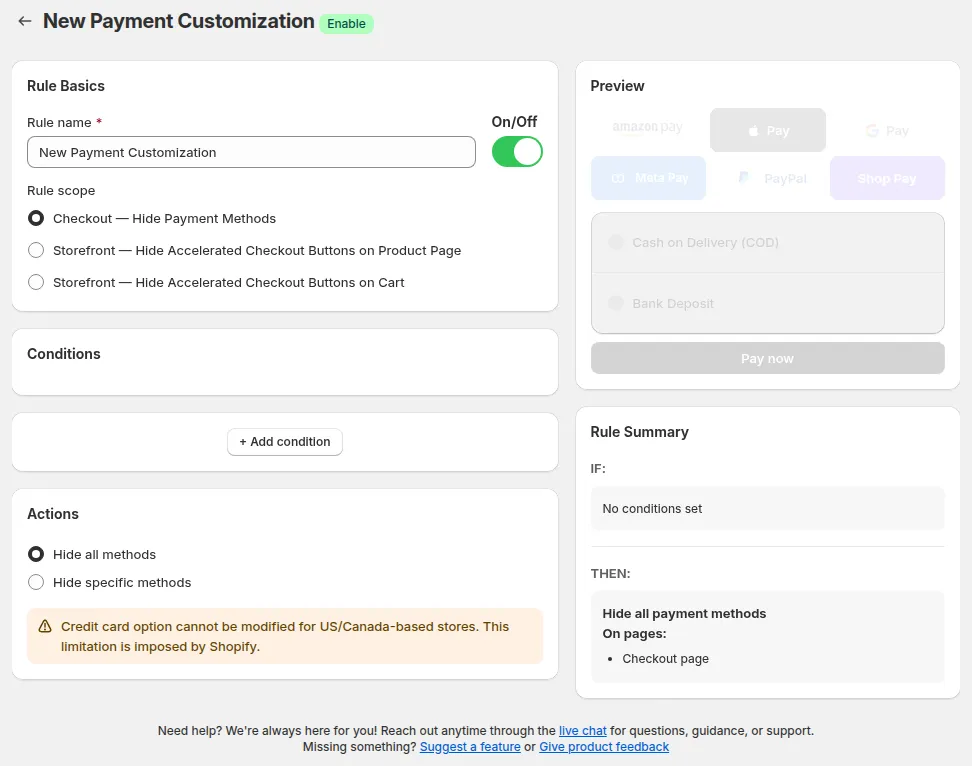 New Payment Customization: Rule Basics with Rule scope, Conditions, Actions, the Preview and the Rule Summary