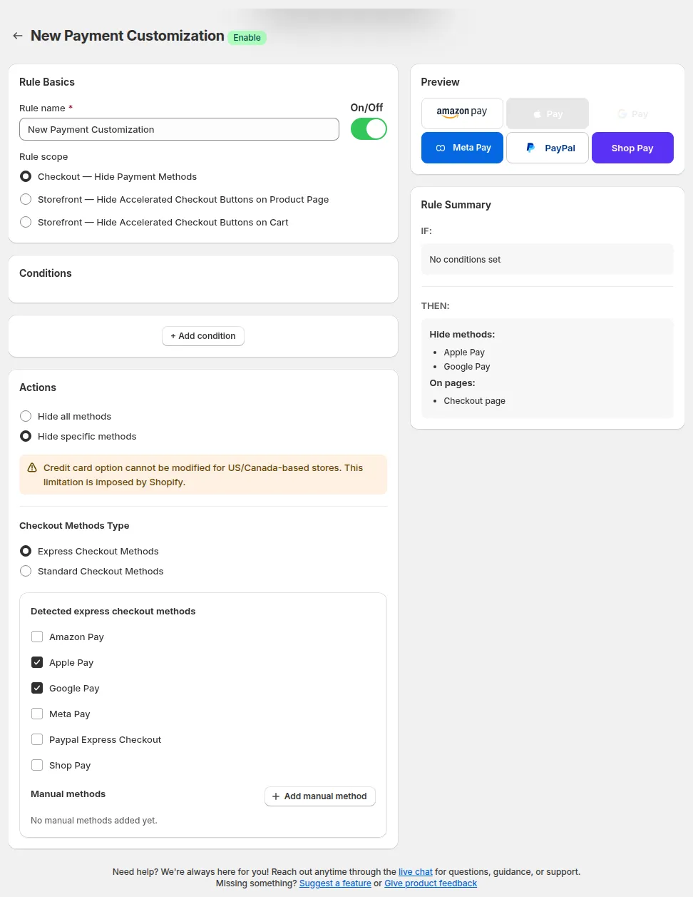 Express Checkout Methods with Apple Pay and Google Pay ticked; the Rule Summary lists the hidden methods