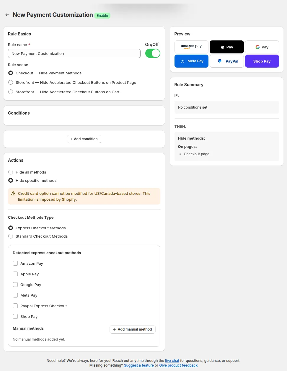 Actions set to Hide specific methods, with Checkout Methods Type and the detected express checkout methods