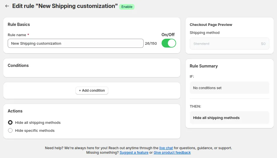 Shipping customization rule: Rule Basics, Conditions, Actions, the checkout page preview and the Rule Summary