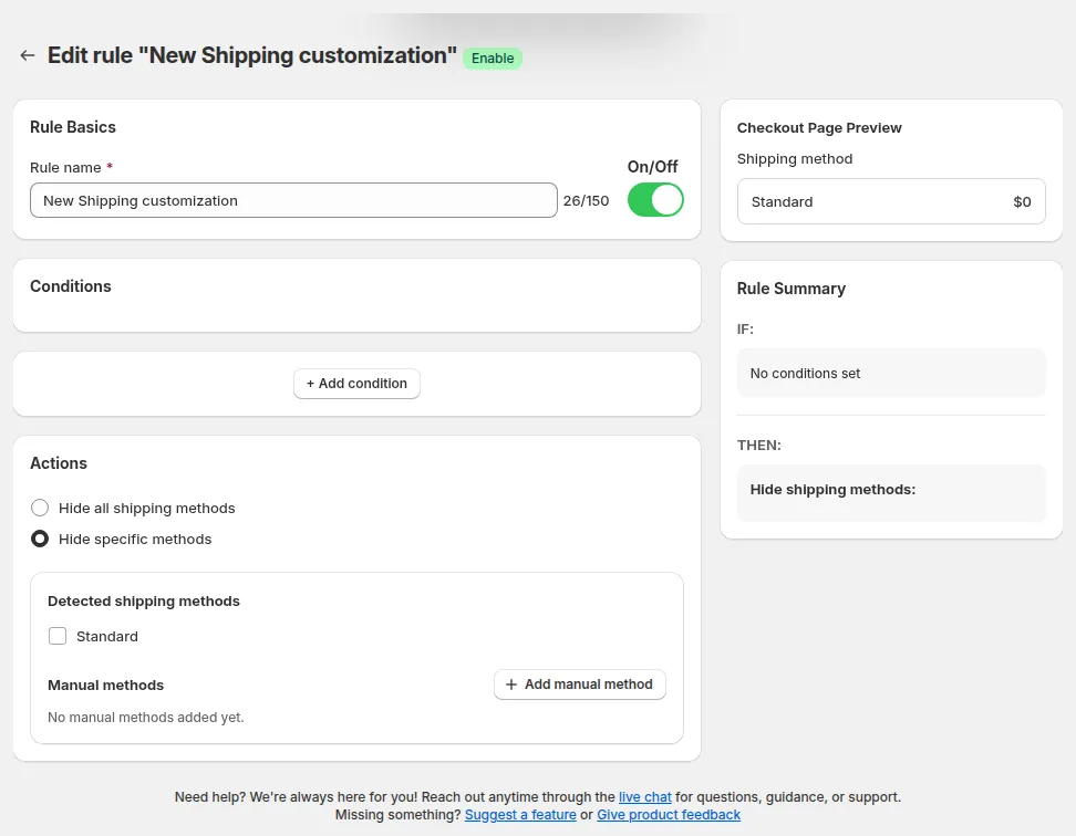 Actions set to Hide specific methods, with the detected shipping methods and Add manual method