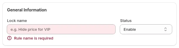 Lock name field with the error Rule name is required