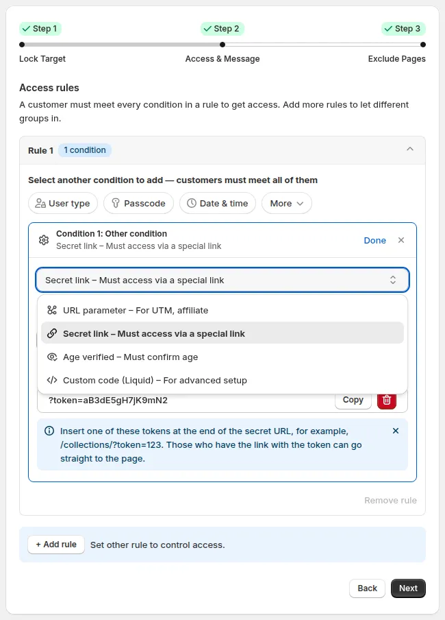 Other condition: Select access rule dropdown with URL parameter, Secret link, Age verified and Custom code (Liquid)