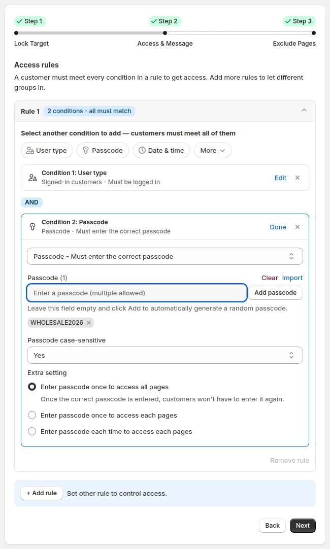 Passcode condition: passcode field with Add passcode, Clear and Import, a sample passcode, Passcode case-sensitive and the Extra setting options