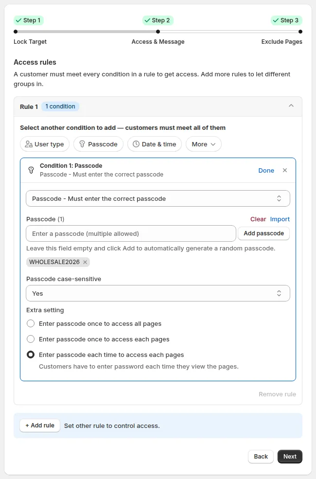 Passcode condition on a page lock with a sample passcode, Passcode case-sensitive and the Extra setting options