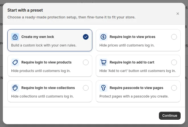Start with a preset modal with Create my own lock selected and the Continue button