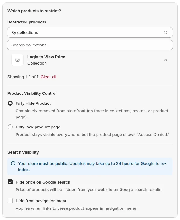 Products target with Product Visibility Control set to Fully Hide Product and the Hide from navigation menu checkbox