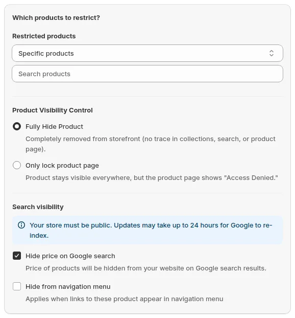Products target with Restricted products set to Specific products, the product search field and Product Visibility Control