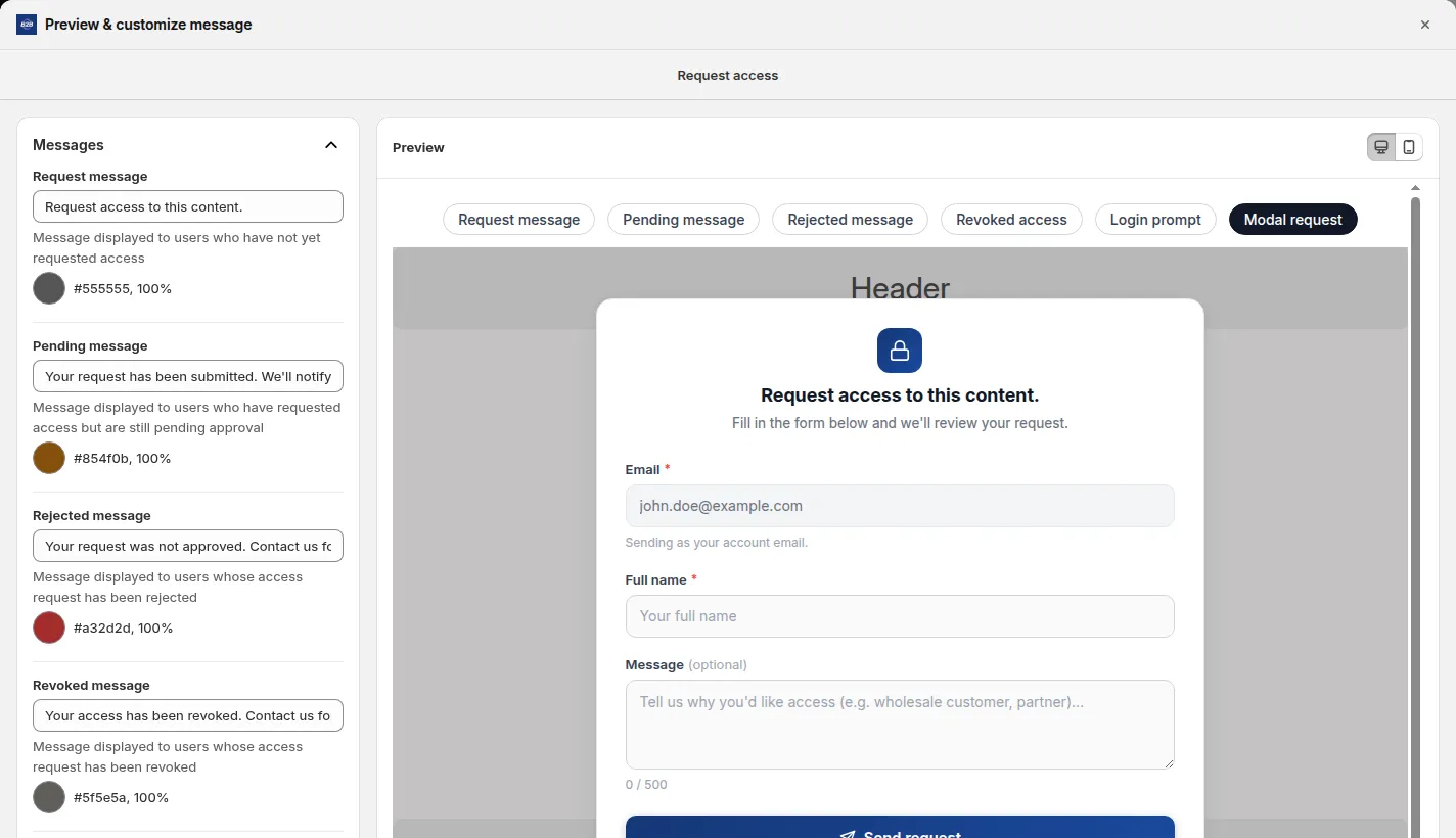 Modal request preview: the request access form with email, full name and an optional message