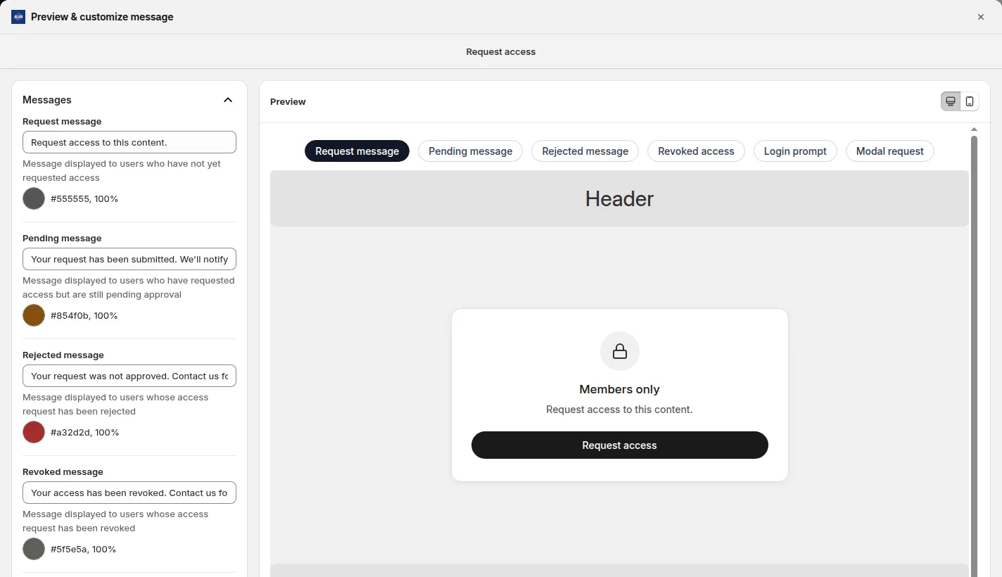 Request message preview: Members only, with the Request access button