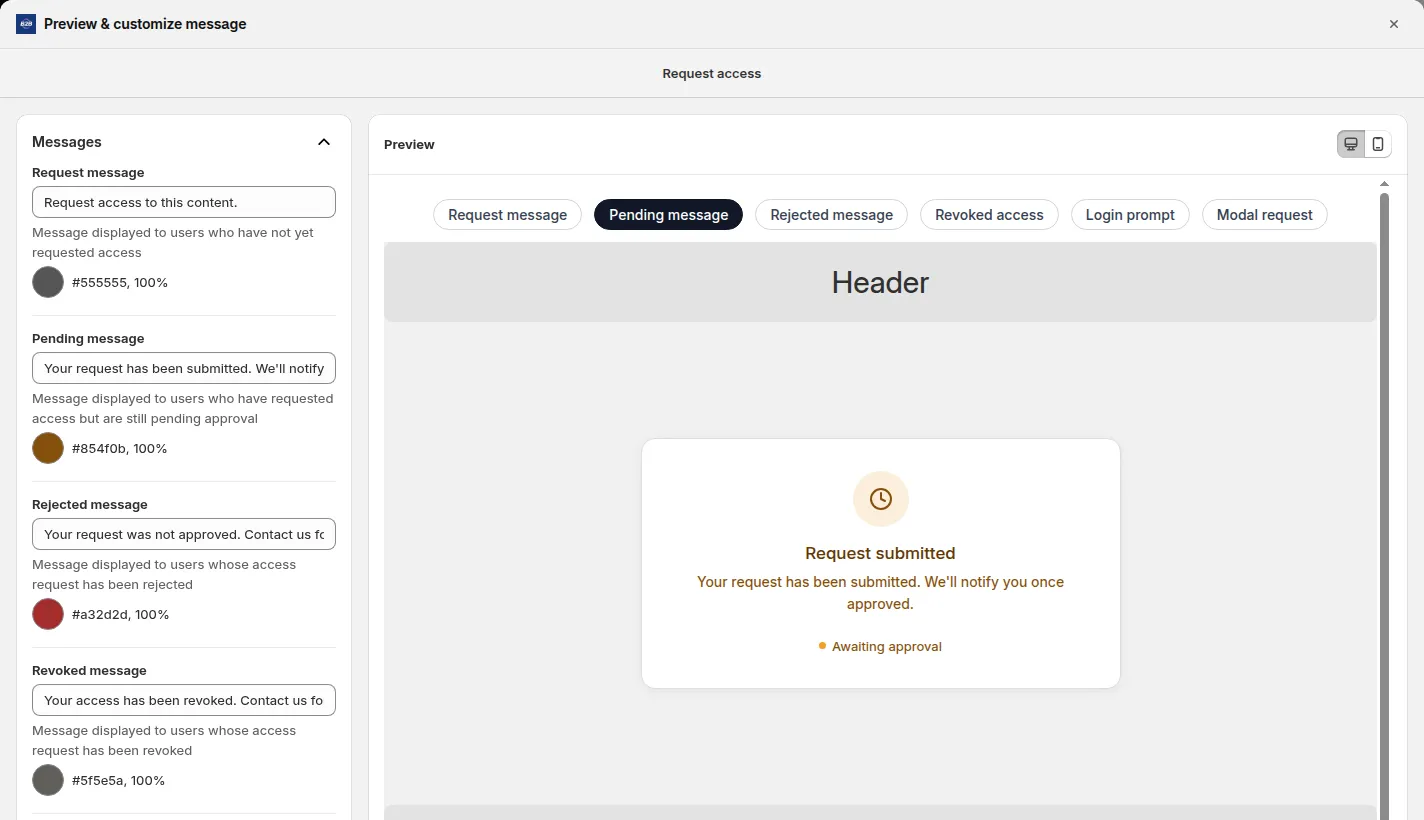 Preview & customize message for Request access, showing the Pending message preview