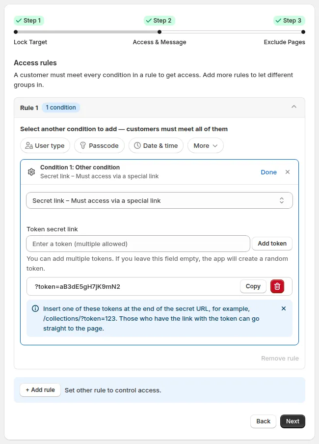 Other condition dropdown with Secret link – Must access via a special link