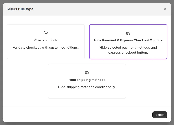 Figure 1: Select rule type modal with Hide Payment & Express Checkout Options