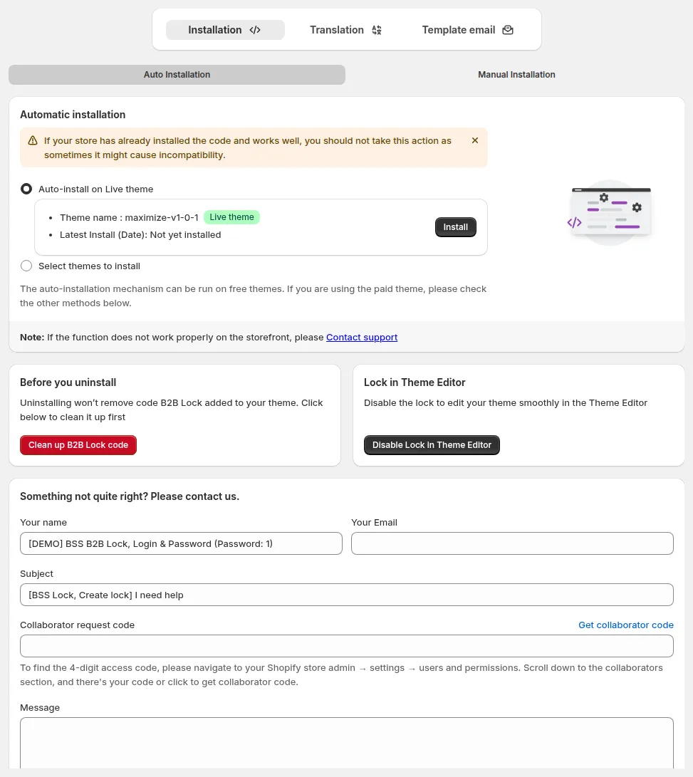 Settings, Installation: Auto Installation with Auto-install on Live theme and Select themes to install