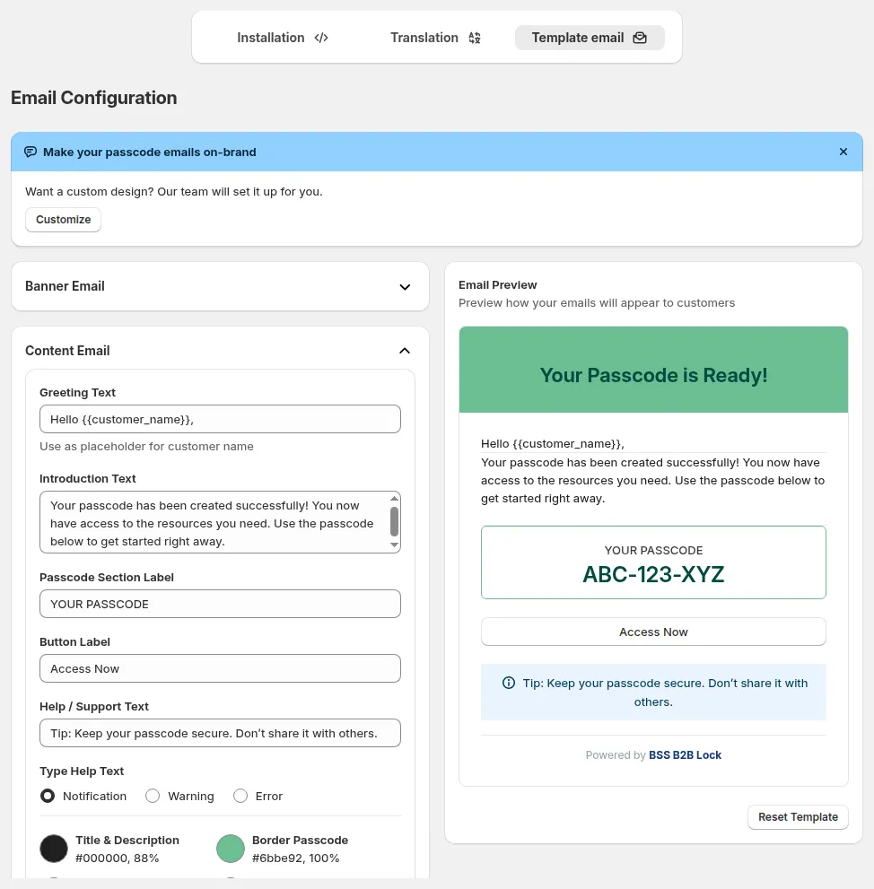 Settings, Template email: the passcode email content fields and the email preview