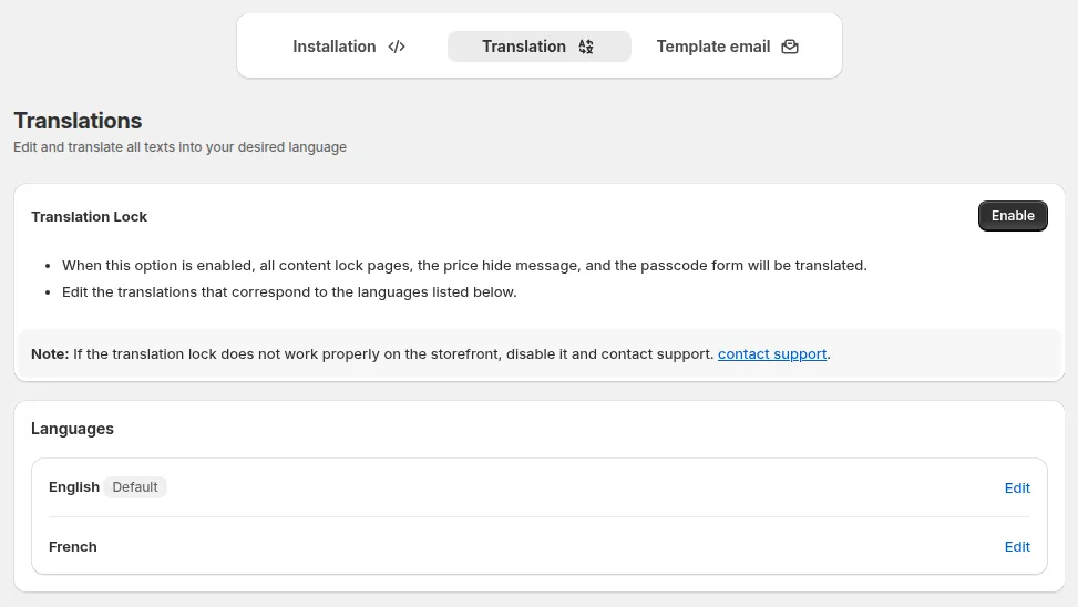 Settings, Translation: the Translation Lock switch and the list of languages with Edit