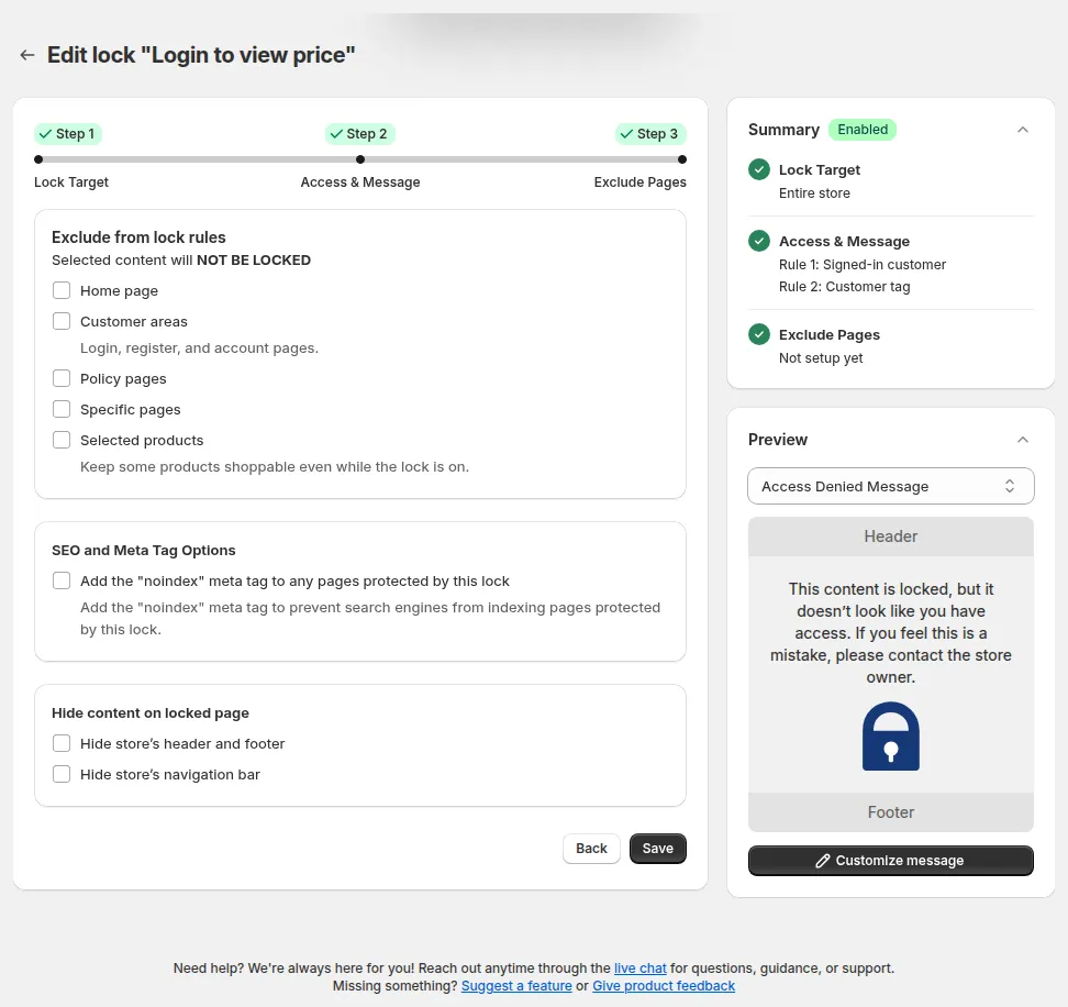 Step 3 for an Entire store lock: Exclude from lock rules, SEO and Meta Tag Options and Hide content on locked page