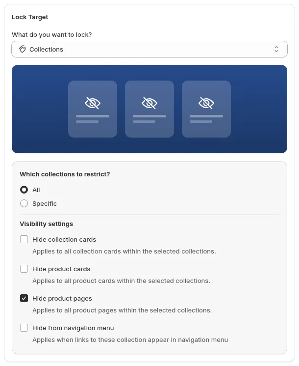 Collections target with All and Specific options and the four Visibility settings checkboxes, all ticked