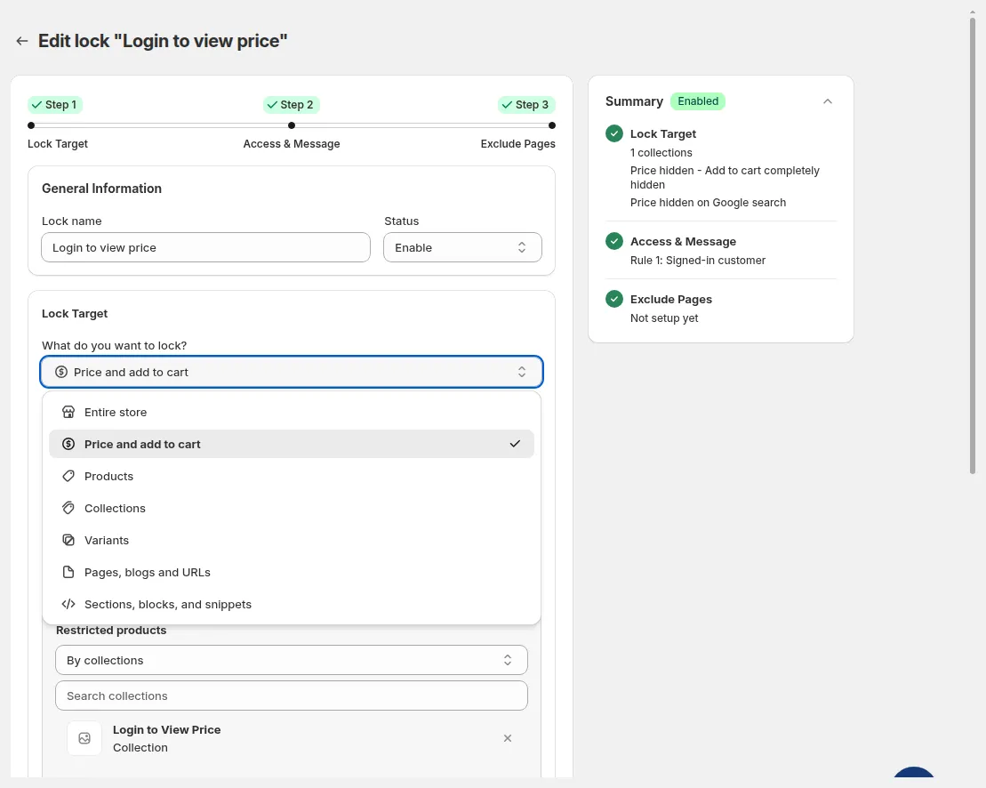 What do you want to lock? dropdown open with the 7 lock targets