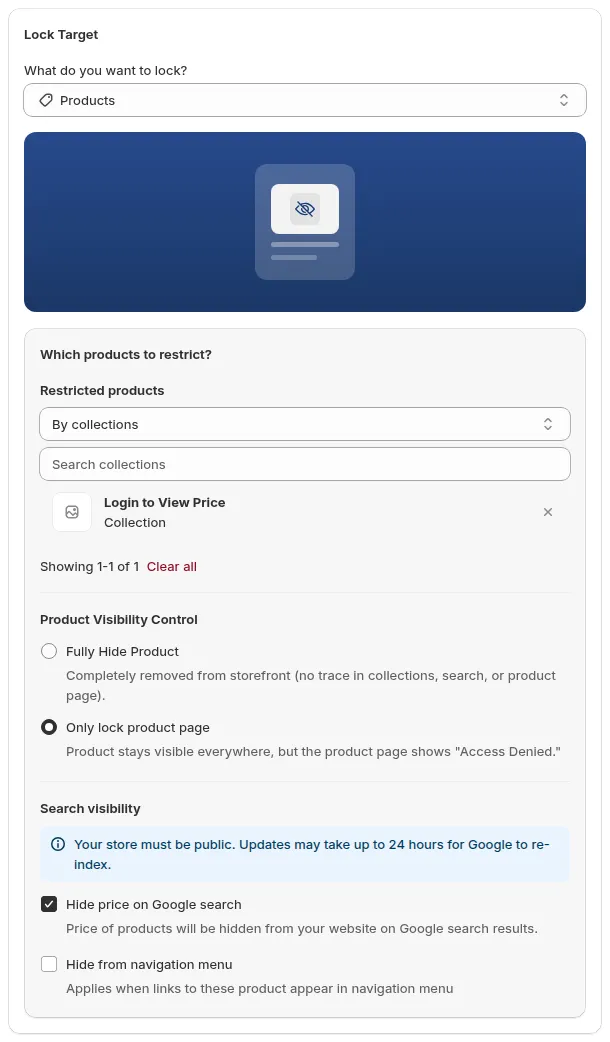 Products target with Only lock product page selected and the Summary card showing Product page shows Access denied