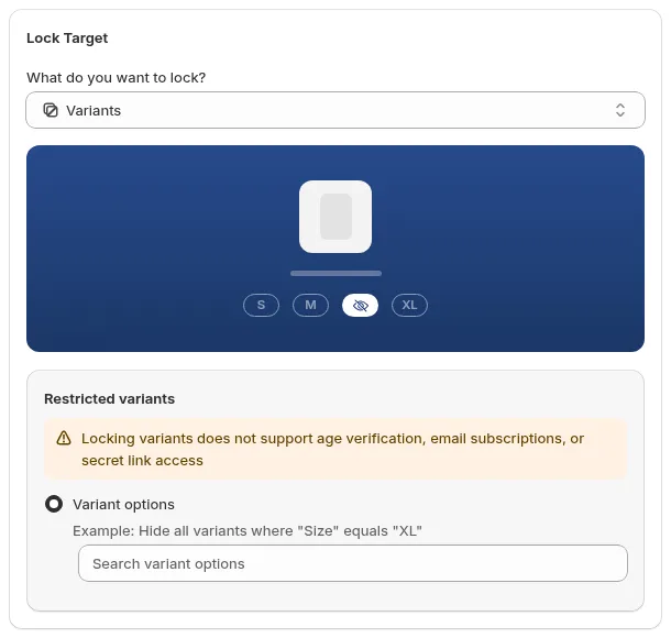 Variants target showing the Restricted variants warning and the Variant options field