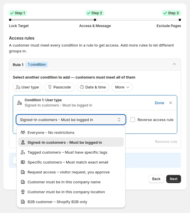 User type dropdown listing Everyone, Signed-in customers, Tagged customers, Specific customers, Request access and the company and B2B options